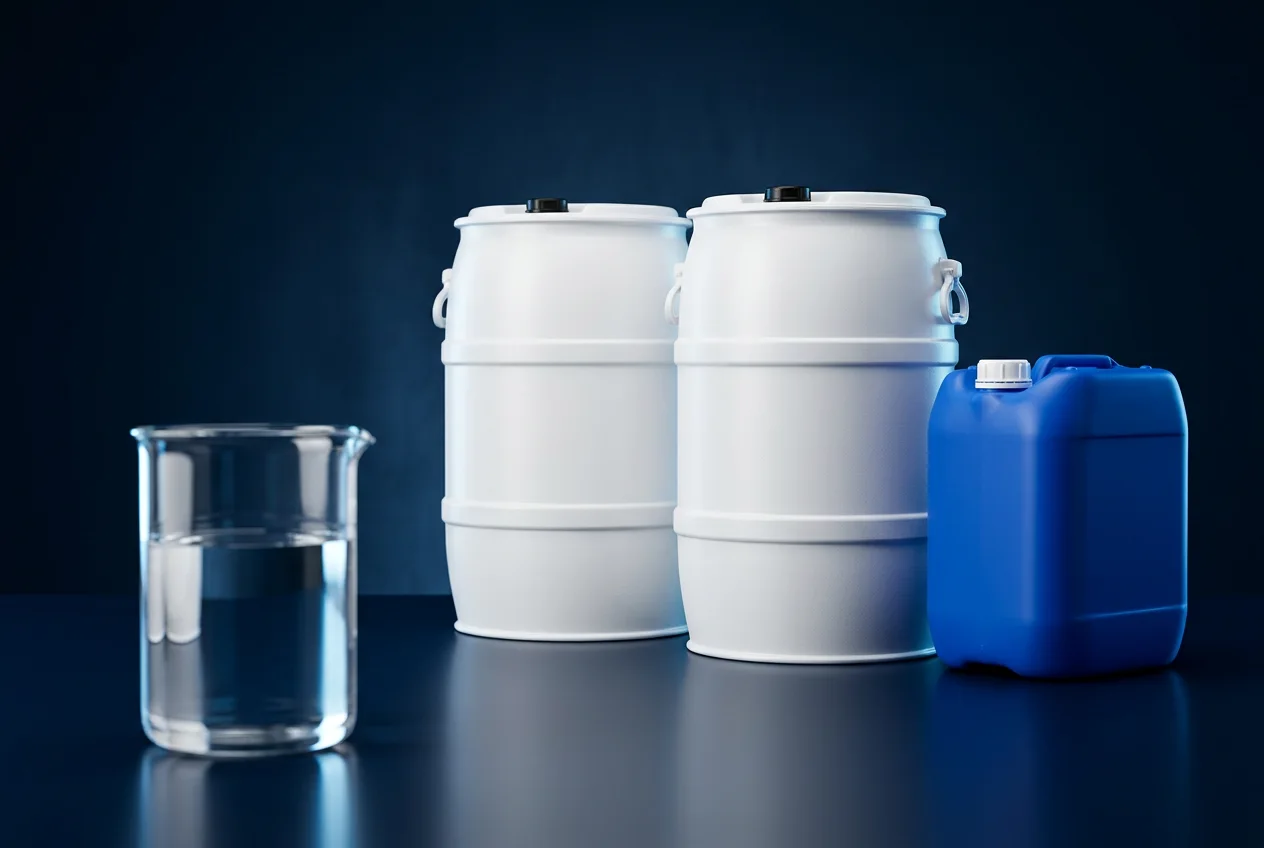 White chemical drums, a blue jerrycan and a beaker of clear liquid