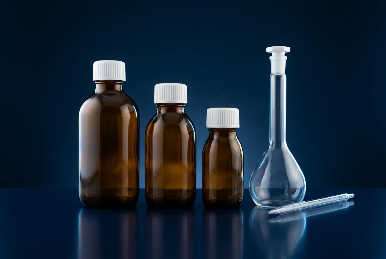 Amber laboratory reagent bottles with a volumetric flask and pipette