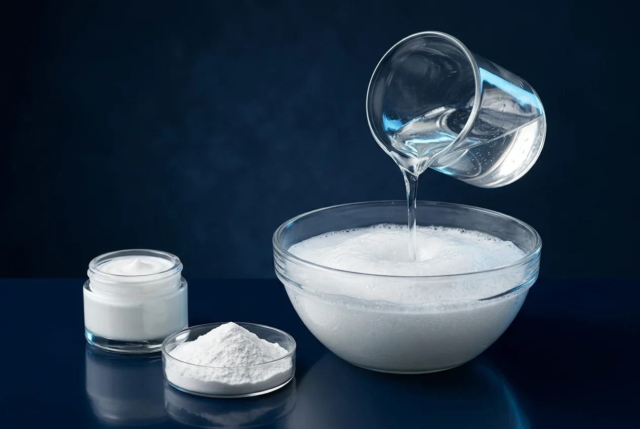 Surfactant liquid pouring into a glass bowl beside cosmetic cream and a food-grade powder