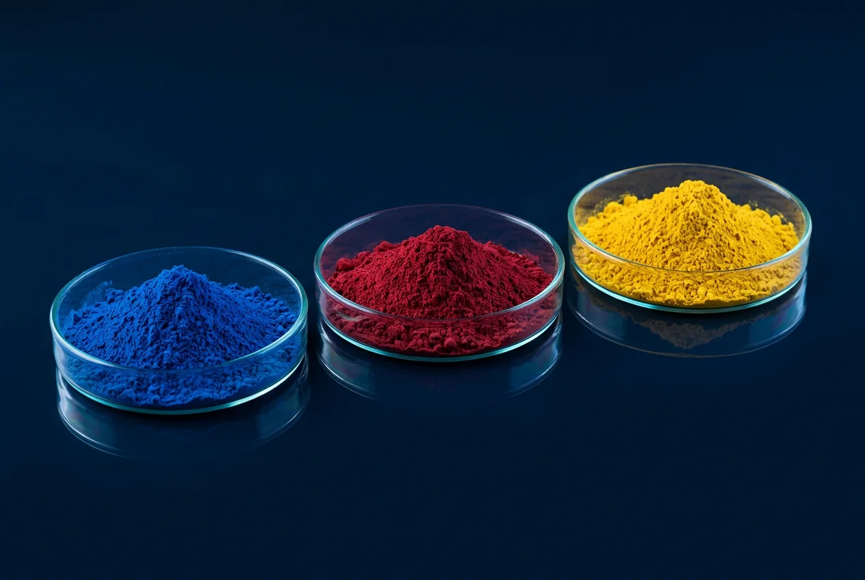 Blue, red and yellow pigment powders in glass petri dishes