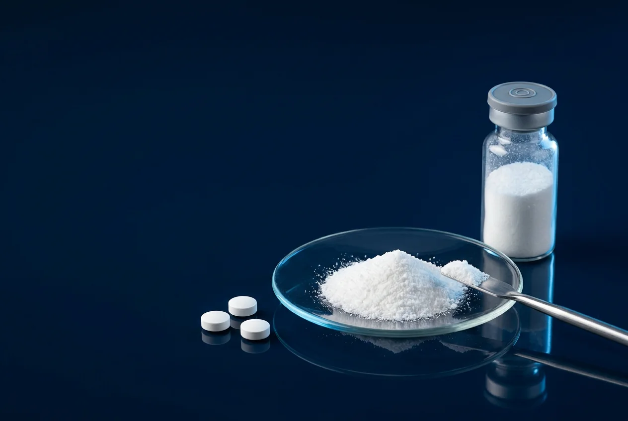 White API powder in a glass vial and on a watch glass with tablets