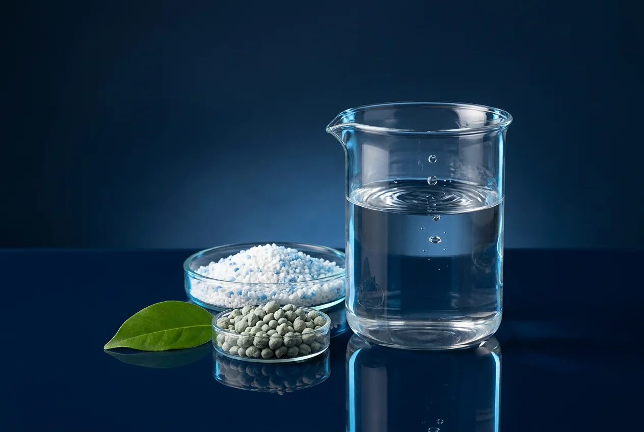 A beaker of clean water with water-treatment granules, fertiliser prills and a green leaf