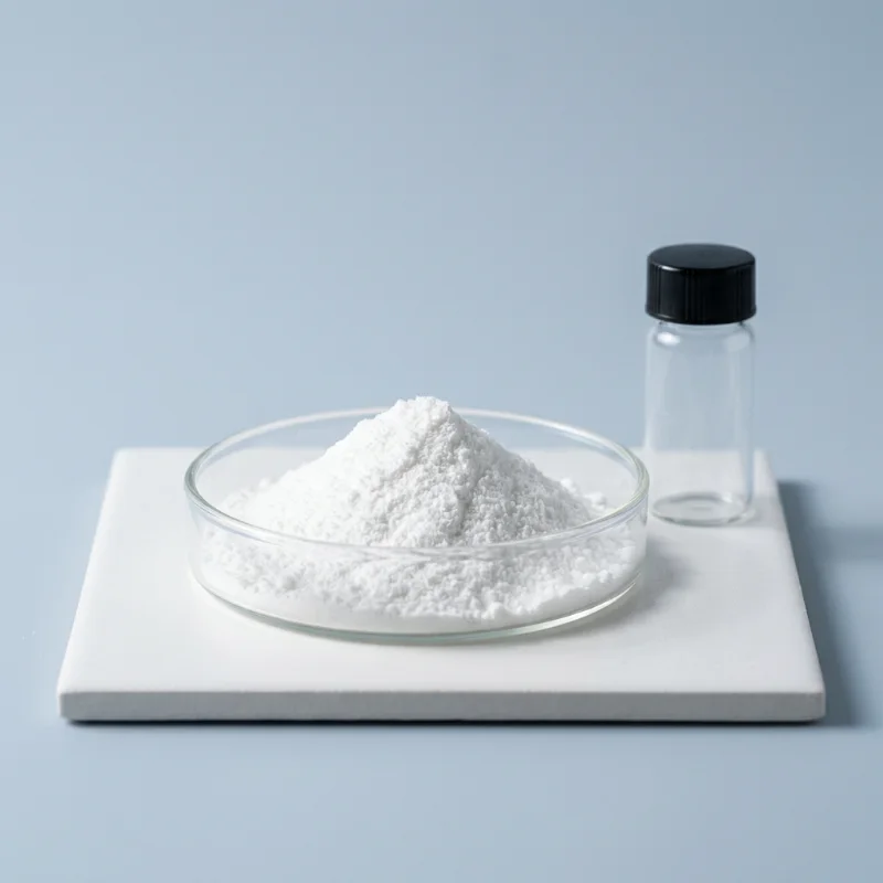 White caffeine powder in a glass dish beside a sample vial