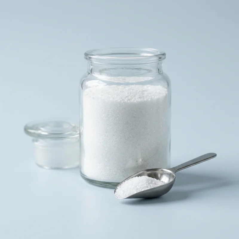 White ibuprofen powder in a glass jar with a steel scoop